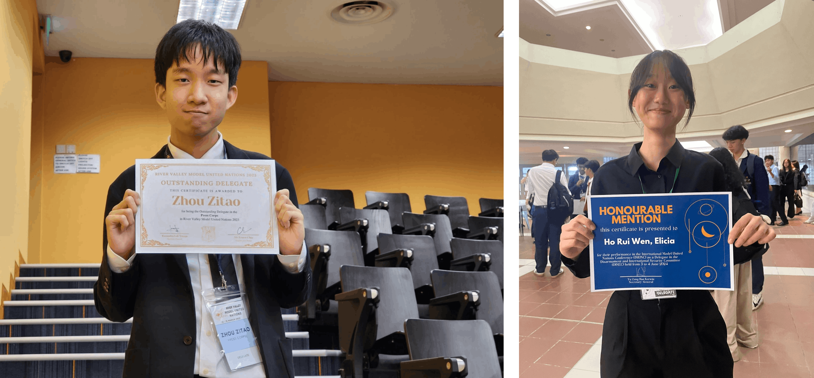 Two students in formal attire hold certificates for “Outstanding Delegate” and “Honourable Mention,” posing separately in indoor school or event settings.